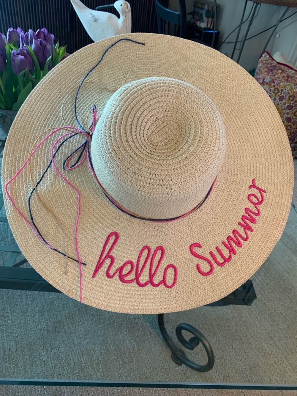 NWOT Wide Brim Straw Sun Hat "hello Summer" Pink Script